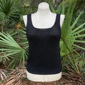 Vintage 80s Sparkling Black Knit Sleeveless Blouse Tank Scoop Disco Gardy Size M